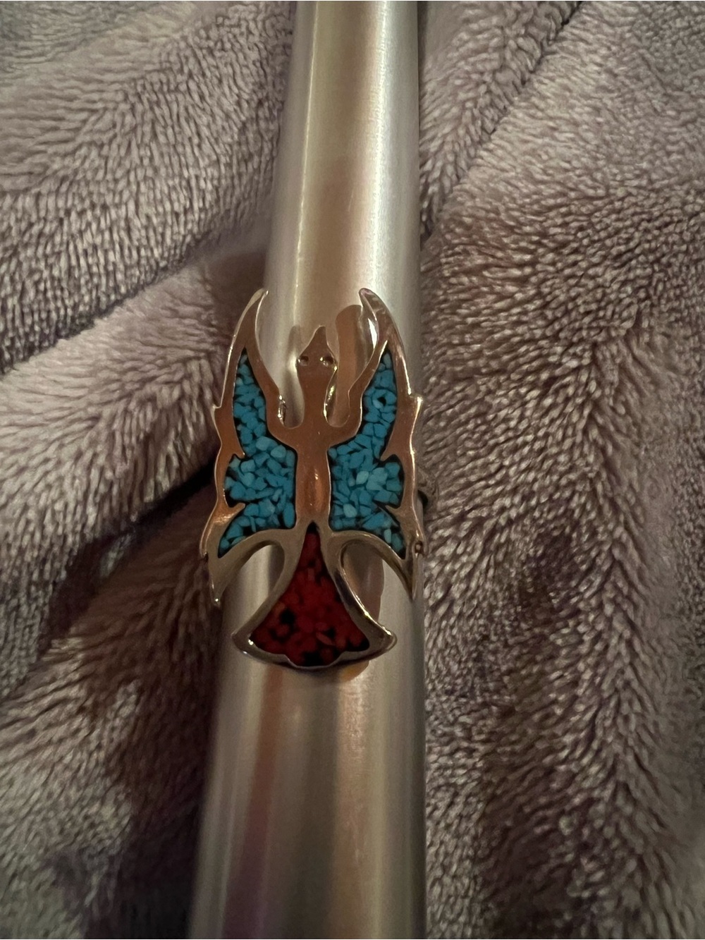 Southwestern Thunderbird Silver Tone Turquoise/Red Coral Size 9, one ring only